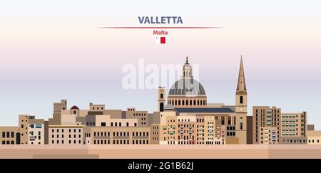 Valletta paesaggio urbano al tramonto cielo sfondo vettore illustrazione con il nome della città e del paese e con bandiera di Malta Illustrazione Vettoriale