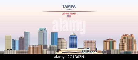 Tampa paesaggio urbano su cielo tramonto sfondo vettore illustrazione con nome paese e città e con bandiera degli Stati Uniti Illustrazione Vettoriale