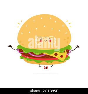 Simpatico hamburger divertente in bicchieri di carattere meditate. Icona raffigurante il carattere kawaii del fumetto disegnato a mano del vettore. Isolato su sfondo bianco. Concetto di carattere Burger Illustrazione Vettoriale