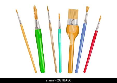 I pennelli ART sono isolati su sfondo bianco. Strumenti di disegno e pittura. Pennelli per verniciatura. Articoli di cancelleria. Illustrazione vettoriale stock Illustrazione Vettoriale
