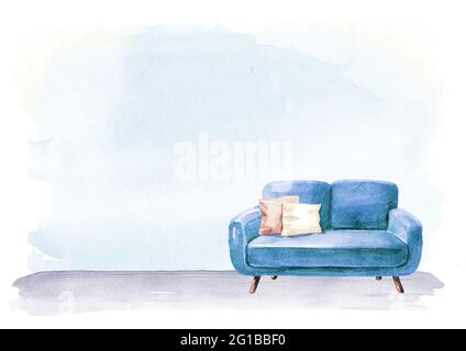 Design interno vuoto con spazio per la copia. Divano e lampada, parete vuota. Immagine disegnata a mano con acquerello, isolata su sfondo bianco Foto Stock