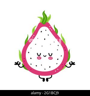 Carino divertente drago frutta meditare in posa yoga. Icona raffigurante il carattere kawaii del fumetto disegnato a mano del vettore. Isolato su sfondo bianco. Dragon Fruit, concetto di cibo esotico Illustrazione Vettoriale