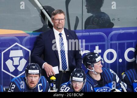 Riga, Arena riga, finale, Finlandia. 06 giugno 2021. Canada (campionato mondiale di hockey su ghiaccio IIHF 2021), allenatore Jukka Jalonen (Finlandia) (uscita Svizzera/Croazia) Credit: SPP Sport Press Photo. /Alamy Live News Foto Stock