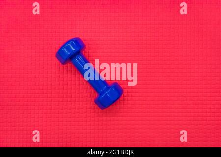 Attrezzature per il peso del fitness con manubri blu sullo sfondo del pavimento rosso della palestra. Foto Stock