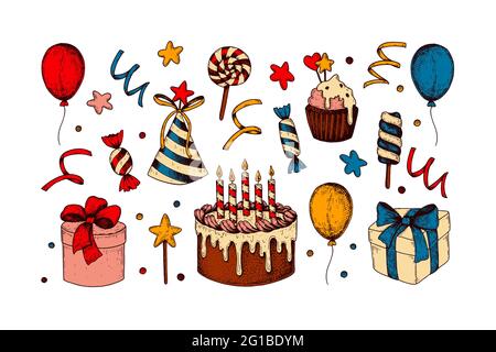 Set di elementi colorati disegnati a mano per celebrare il compleanno isolati su bianco. Illustrazione vettoriale nello stile di schizzo Illustrazione Vettoriale