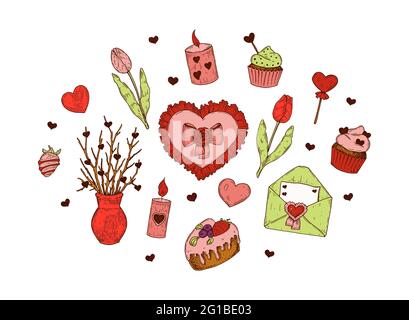 Set di elementi di disegno disegnati a mano per il giorno di San Valentino. Illustrazione vettoriale nello stile di schizzo Illustrazione Vettoriale