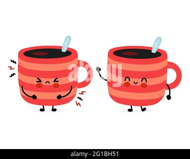 Carino divertente tazza di caffè triste e felice. Icona raffigurante il carattere kawaii del fumetto disegnato a mano del vettore. Isolato su sfondo bianco. Tazza di caffè o tè, concetto di carattere tazza Illustrazione Vettoriale