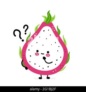 Carino frutta divertente drago con punti interrogativi. Icona raffigurante il carattere kawaii del fumetto disegnato a mano del vettore. Isolato su sfondo bianco. Dragon Fruit, concetto di cibo esotico Illustrazione Vettoriale