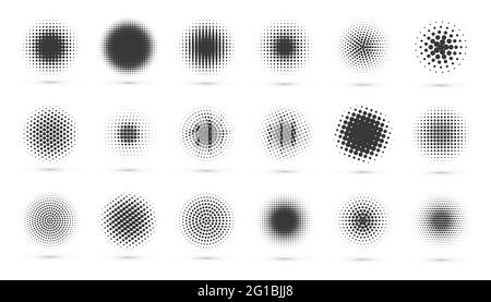 Cerchio halftone impostato. Mezzitoni moderni a cerchi punteggiati. Gradienti di dotwork neri Illustrazione Vettoriale