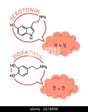 Carino simpatico personaggio di organo cerebrale umano e dopamina, formula serotonina nella bolla del parlato. Icona grafica vettoriale kawaii. Chimica del cervello, concetto del set di caratteri del cartone animato dodamine Illustrazione Vettoriale