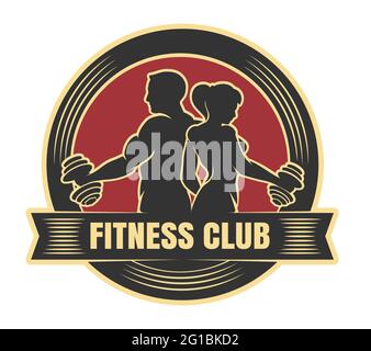 Logo del club fitness con l'uomo e la donna atletica in esercizio isolato su bianco. Illustrazione vettoriale Illustrazione Vettoriale