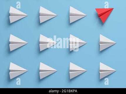 Cambia i concetti con un aeroplano di carta rossa che conduce tra il bianco. Pensare in modo diverso. rendering 3d. Foto Stock