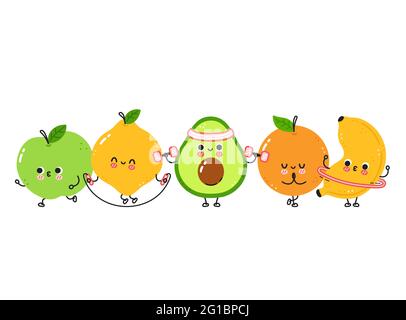 Carino frutta divertente fare palestra. Icona di illustrazione del carattere kawaii della cartoon vettoriale a linea piatta. Isolato su sfondo bianco. PEAR, limone, arancio, mela, kiwi, banana pacchetto di caratteri di allenamento Illustrazione Vettoriale