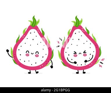 Carino divertente triste e felice drago frutta. Icona raffigurante il carattere kawaii del fumetto disegnato a mano del vettore. Isolato su sfondo bianco. Dragon Fruit, concetto di cibo esotico Illustrazione Vettoriale