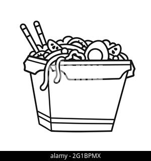 Scatola di noodle wok. Icona dell'illustrazione cartoon disegnata a mano dal vettore. Isolato su sfondo bianco. Wok noodle box, cibo asiatico, colorazione libro pagina concetto Illustrazione Vettoriale