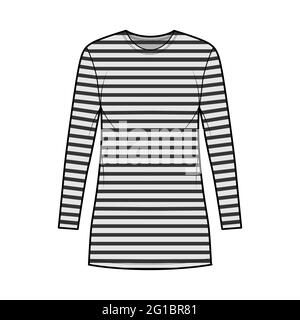 Abito marinaio illustrazione tecnica moda con strisce, maniche lunghe, corpo oversize, mini lunghezza gonna a matita. Parte anteriore dell'abbigliamento piatto, colore grigio. Donne, uomini unisex CAD mockup Illustrazione Vettoriale