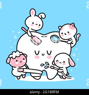 Carino animali divertenti dentisti pulizia del dente del paziente. Icona raffigurante il carattere kawaii del fumetto disegnato a mano del vettore. Cucciolo cane, kittie gatto, agnello, coniglio denti puliti concetto bambini Illustrazione Vettoriale