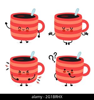 Carino divertente tazza di caffè raccolta set. Icona raffigurante il carattere kawaii del fumetto disegnato a mano del vettore. Isolato su sfondo bianco. Tazza di caffè o tè, concetto di pacchetto di caratteri della tazza Illustrazione Vettoriale