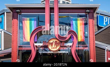 San Francisco, California, USA - 2019 agosto: Hard Rock cafe ristorante a Fisherman's Wharf Foto Stock
