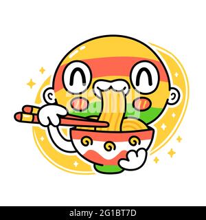 Carino persona divertente in maschera mangiare noodle dalla ciotola. Icona raffigurante il carattere kawaii del fumetto disegnato a mano del vettore. Isolato su sfondo bianco. Cibo asiatico, giapponese, coreano noodle cartoon concetto di carattere Illustrazione Vettoriale