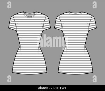 Abito marinaio tecnico illustrazione moda con strisce, maniche corte, corpo montato, mini lunghezza gonna a matita. Abbigliamento piatto, anteriore, posteriore, colore bianco. Donne, uomini unisex CAD mockup Illustrazione Vettoriale