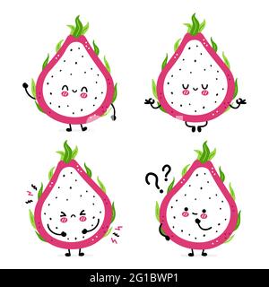 Carino divertente drago frutta Set raccolta. Icona raffigurante il carattere kawaii del fumetto disegnato a mano del vettore. Isolato su sfondo bianco. Dragon Fruit, concetto di pacchetto di carattere esotico Illustrazione Vettoriale