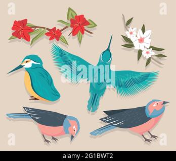 quattro uccelli e fiori Illustrazione Vettoriale
