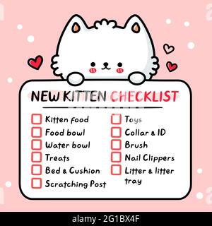 Carino divertente nuovo gatto kitten checklist. Icona raffigurante il carattere kawaii del fumetto disegnato a mano del vettore. Acquisto,adottare nuovo gatto, kitten animale domestico checklist adesivo, carta, poster concetto Illustrazione Vettoriale