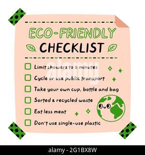 Lista di controllo ecocompatibile. Icona raffigurante il carattere kawaii del fumetto disegnato a mano del vettore. Suggerimenti per l'ecologia adesivo checklist, scheda, poster concetto Illustrazione Vettoriale