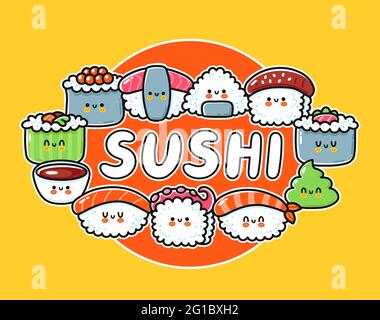 Design del logo del cartone animato sushi. Simpatico e divertente sushi set collection. Icona di illustrazione del carattere kawaii con linea tracciata a mano del vettore. Modello di logo di cibo asiatico, cartoni animati, concetto di poster Illustrazione Vettoriale
