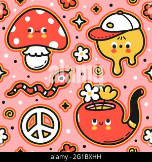 Simpatico simpatico trippy motivo senza giunture. Grafica vettoriale a forma di cartoni animati piatti kawaii. Concetto di pattern senza giunture hippy Illustrazione Vettoriale