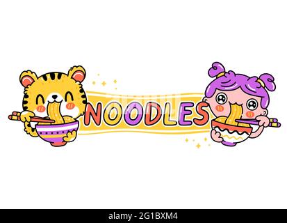 Carino gatto tigre divertente e giovane donna mangiare noodle dalla ciotola. Vettore disegno a mano cartoon kawaii personaggio illustrazione. Cucina asiatica, giapponese, coreano, mascotte mascotte cartoon logo concetto di carattere Illustrazione Vettoriale