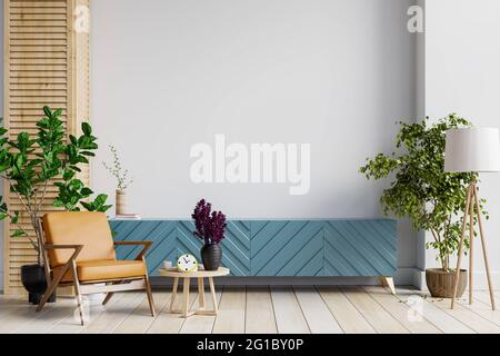 Armadio in stile moderno con poltrona in pelle e pianta su sfondo bianco, rendering 3d Foto Stock