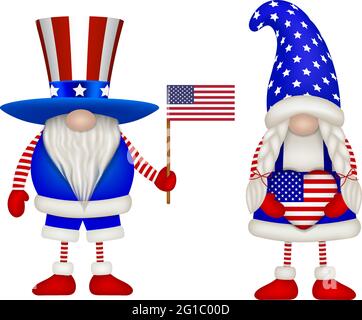 Gnomi maschili e femminili con bandiera americana colori. indipendenza americana gnomi Illustrazione Vettoriale