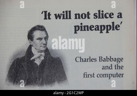 Charles Babbage ritratto e citazione umoristica dalla rivista di ingegneria degli anni '50. Citazione originariamente riferita al pelatore di patate, cambiato in computer. Foto Stock