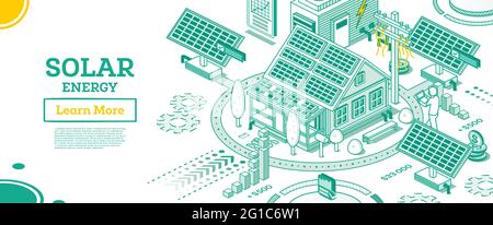 Pannelli di energia solare sul tetto della casa. Il concetto Isometrico dell'energia verde rinnovabile è isolato su sfondo bianco. Illustrazione vettoriale. Sostenibile. Illustrazione Vettoriale