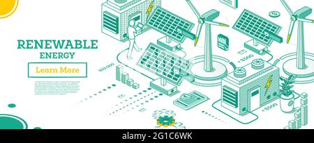 Il concetto Isometrico dell'energia verde rinnovabile è isolato su sfondo bianco. Illustrazione vettoriale. Pannelli solari e centrali eoliche. Ecologico sostenibile Illustrazione Vettoriale