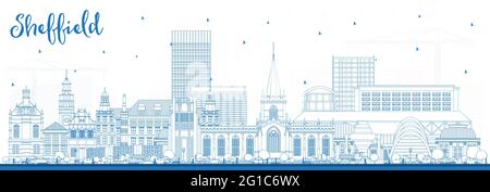 Profilo Sheffield UK City Skyline con edifici blu. Illustrazione vettoriale. Sheffield South Yorkshire con monumenti storici. Illustrazione Vettoriale