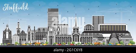 Sheffield UK City Skyline con edifici a colori e Blue Sky. Illustrazione vettoriale. Sheffield South Yorkshire con monumenti storici. Viaggi d'affari Illustrazione Vettoriale