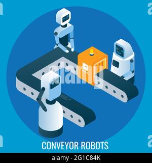 Linea di produzione automatizzata, robot trasportatori, illustrazione isometrica vettoriale. Automazione industriale, tecnologia robotica Illustrazione Vettoriale