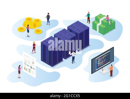 criptovaluta dell'industria mineraria con moderna illustrazione vettoriale piatta di stile isometrico Foto Stock