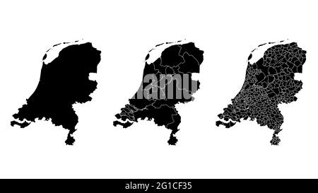 Paesi Bassi mappa comunale, regione, divisione di stato. Bordi amministrativi, contorno nero su sfondo bianco illustrazione vettoriale. Illustrazione Vettoriale
