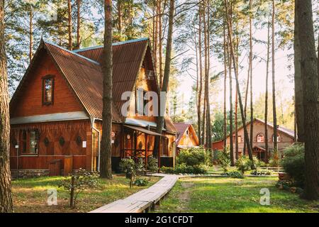 Novoe Lyadno, distretto di Beloozerny, Regione di Vitebsk, Bielorussia. Percorso di imbarco in legno che conduce alla Casa. Tourist House per il riposo in Foresta in Foto Stock