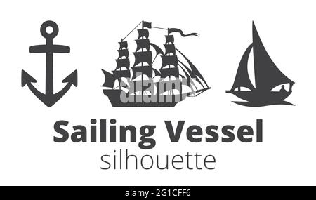 Icona della silhouette dell'imbarcazione a vela nera. Fregio di ancoraggio. Tipi di imbarcazioni a vela su sfondo bianco. Illustrazione della stampa vettoriale Illustrazione Vettoriale