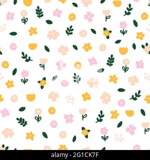 Sfondo floreale decorato con fiori in fiore multicolore e foglie senza cuciture motivo vettoriale. Immagine vettoriale piatta botanica primaverile su bianco Illustrazione Vettoriale