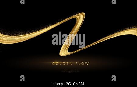 Banner 3d moderno con flusso d'oro su sfondo nero. Andamento della linea d'onda del flusso in oro. Carta da parati di lusso con onde dorate. Illustrazione vettoriale Illustrazione Vettoriale