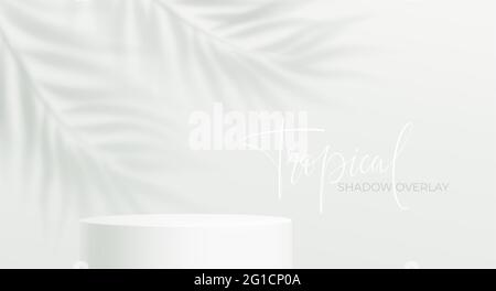 Podio realistico e ombra trasparente dalla foglia di palma su sfondo bianco. Polical Leaf Shadow prodotto Podium Mockup. Illustrazione vettoriale Illustrazione Vettoriale