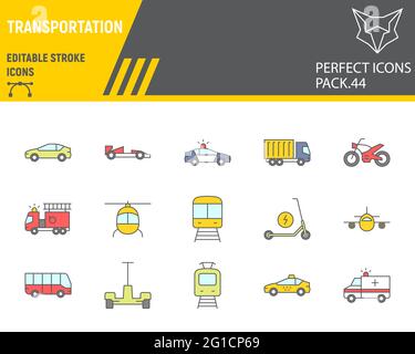 Set di icone della linea di trasporto, collezione di trasporto, grafica vettoriale, illustrazioni del logo, icone vettoriali dei veicoli, cartelli per il trasporto, pittogramma Illustrazione Vettoriale