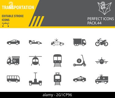 Set di icone glifo di trasporto, raccolta di trasporto, grafica vettoriale, illustrazioni logo, icone vettoriali di veicoli, cartelli di trasporto, pittogramma solido Illustrazione Vettoriale