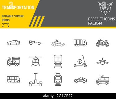 Set di icone della linea di trasporto, collezione di trasporto, grafica vettoriale, illustrazioni del logo, icone vettoriali dei veicoli, cartelli per il trasporto, pittogramma Illustrazione Vettoriale